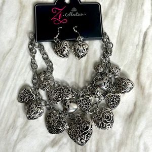 Cherish- Silver Heart Charm Statement Necklace and matching Earrings